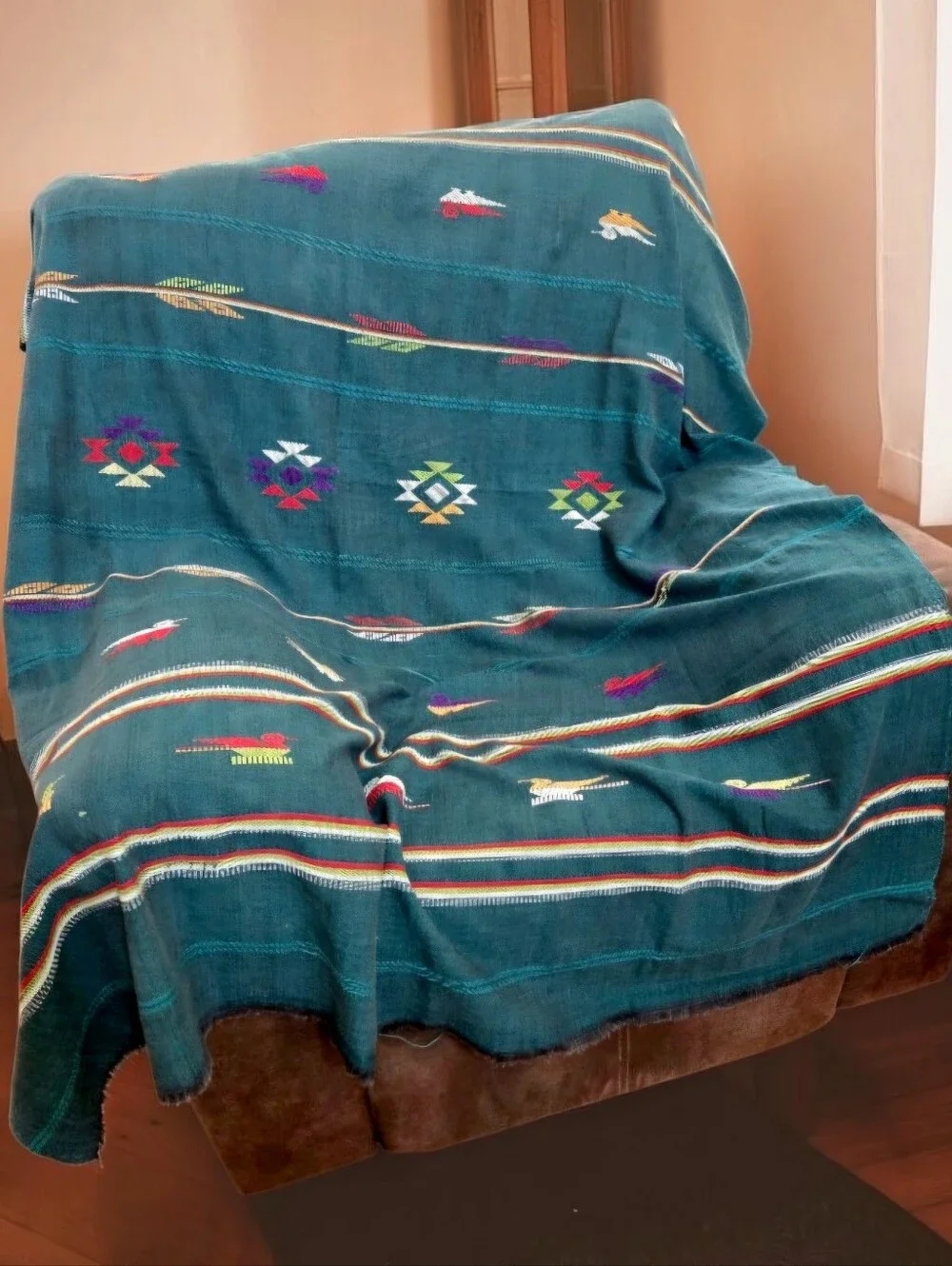 Guatemalan Teal Green Woven Tablecloth Quetzal Birds Colorful Stripes Southwest